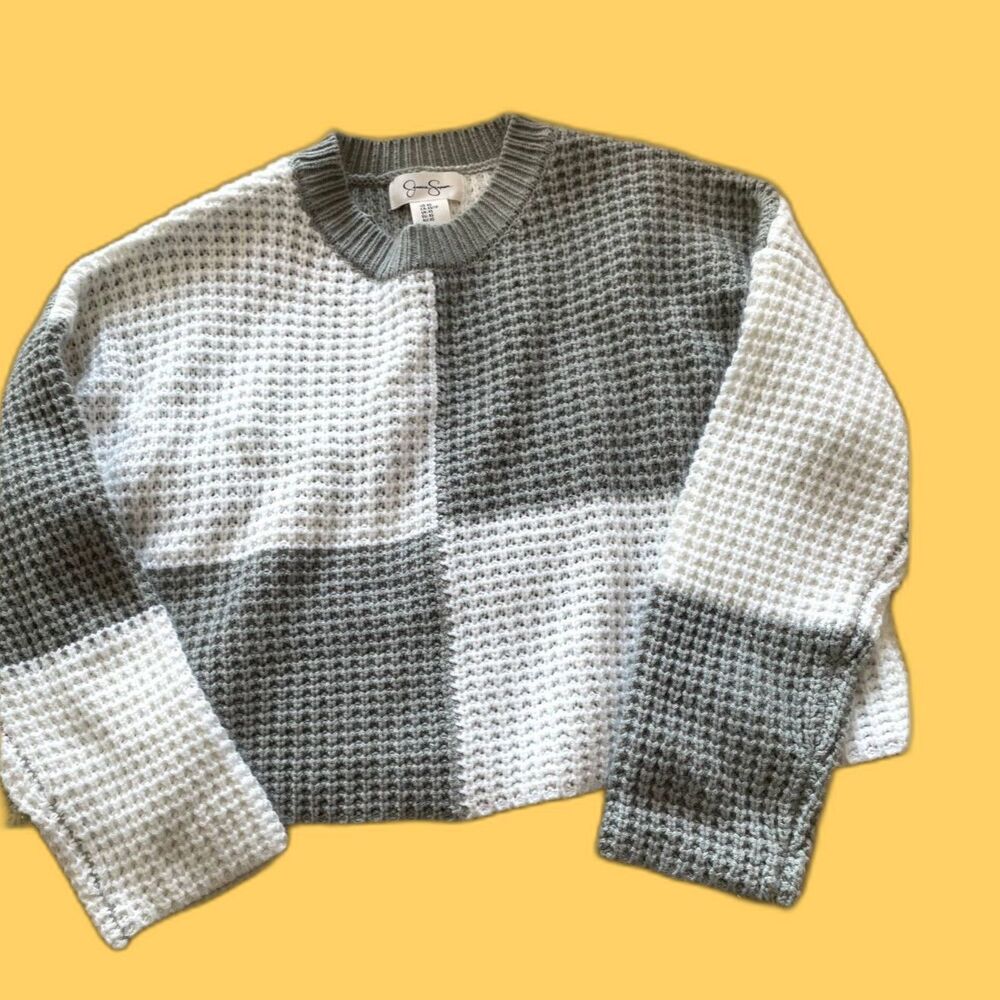 Jessica Simpson Taupe Sage Green Color block Crop Long Sleeve Sweater Size XS